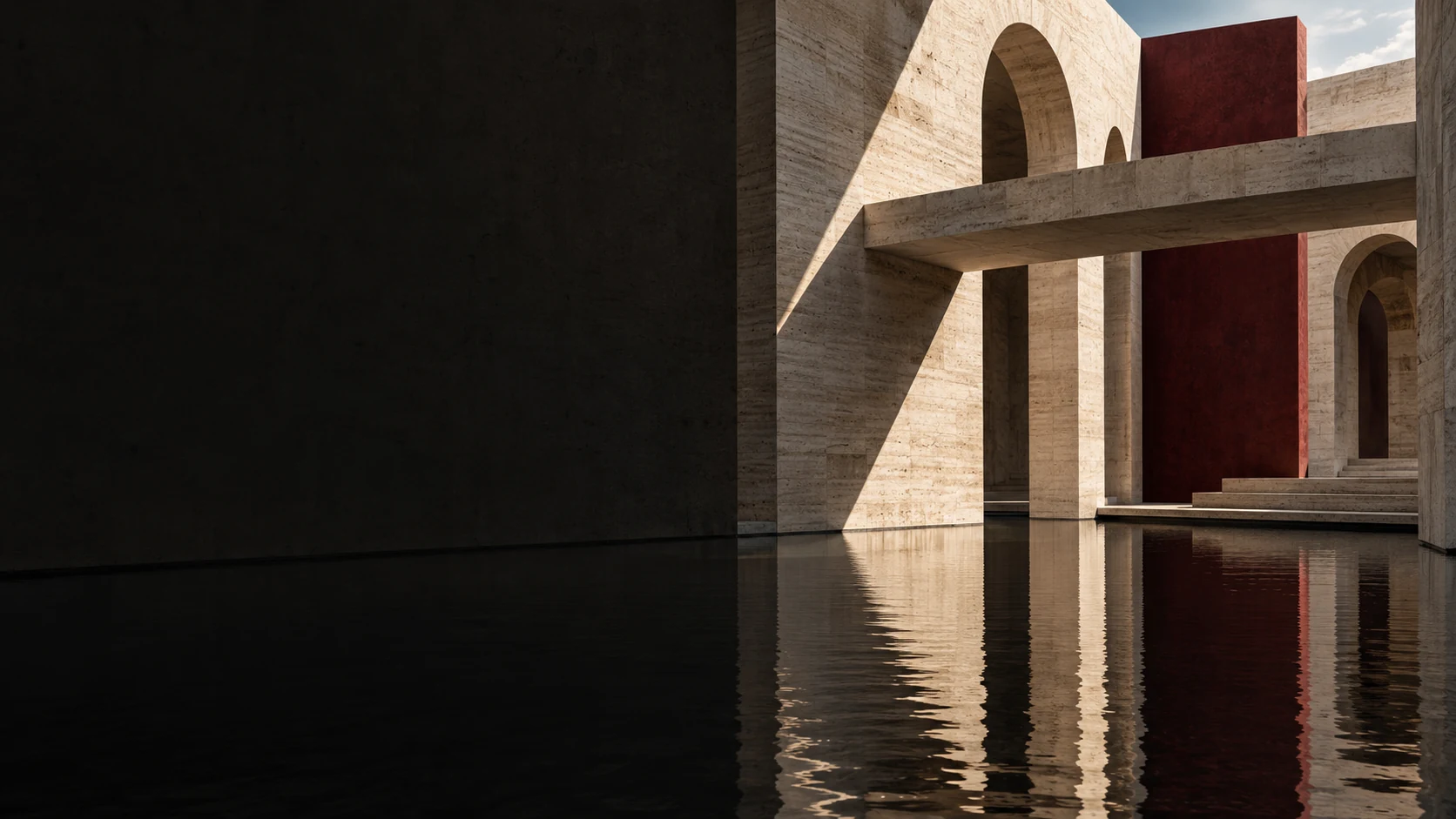 Composición arquitectónica de piedra, agua y un volumen en tonos vino