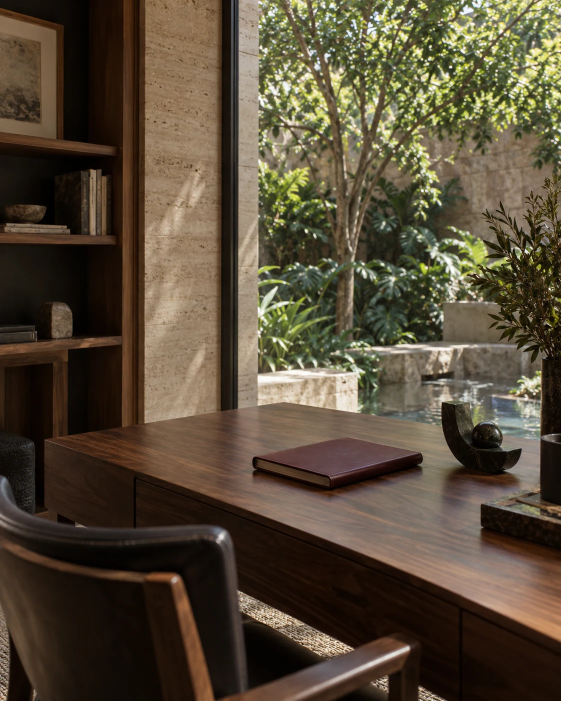 Estudio de madera y piedra abierto a un jardín tranquilo